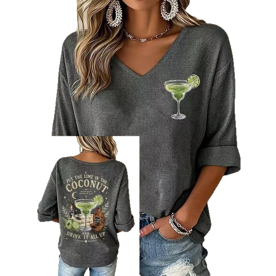 Retro Wine Glass Print V-Neck Half-Sleeve Top