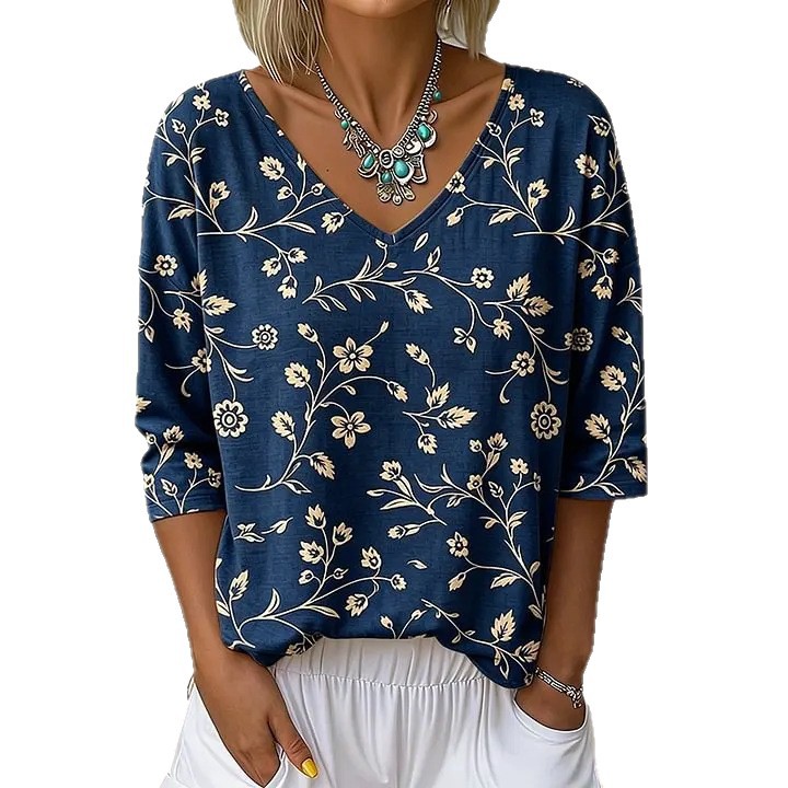 Floral Leaf Print V-Neck Half-Sleeve Women's T-Shirt