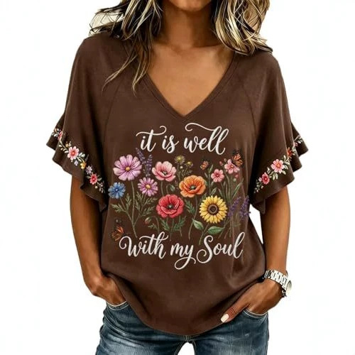 Floral Book Print V-Neck Short Sleeve Women's T-Shirt