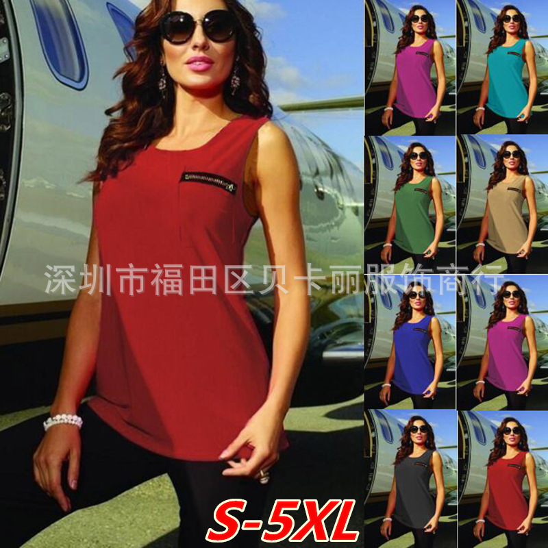 Women's Sleeveless Chiffon Top with Pocket Zipper Solid Color