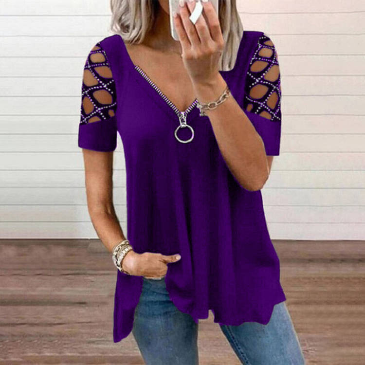 V-Neck Hollow-Out Short Sleeve Rhinestone Top