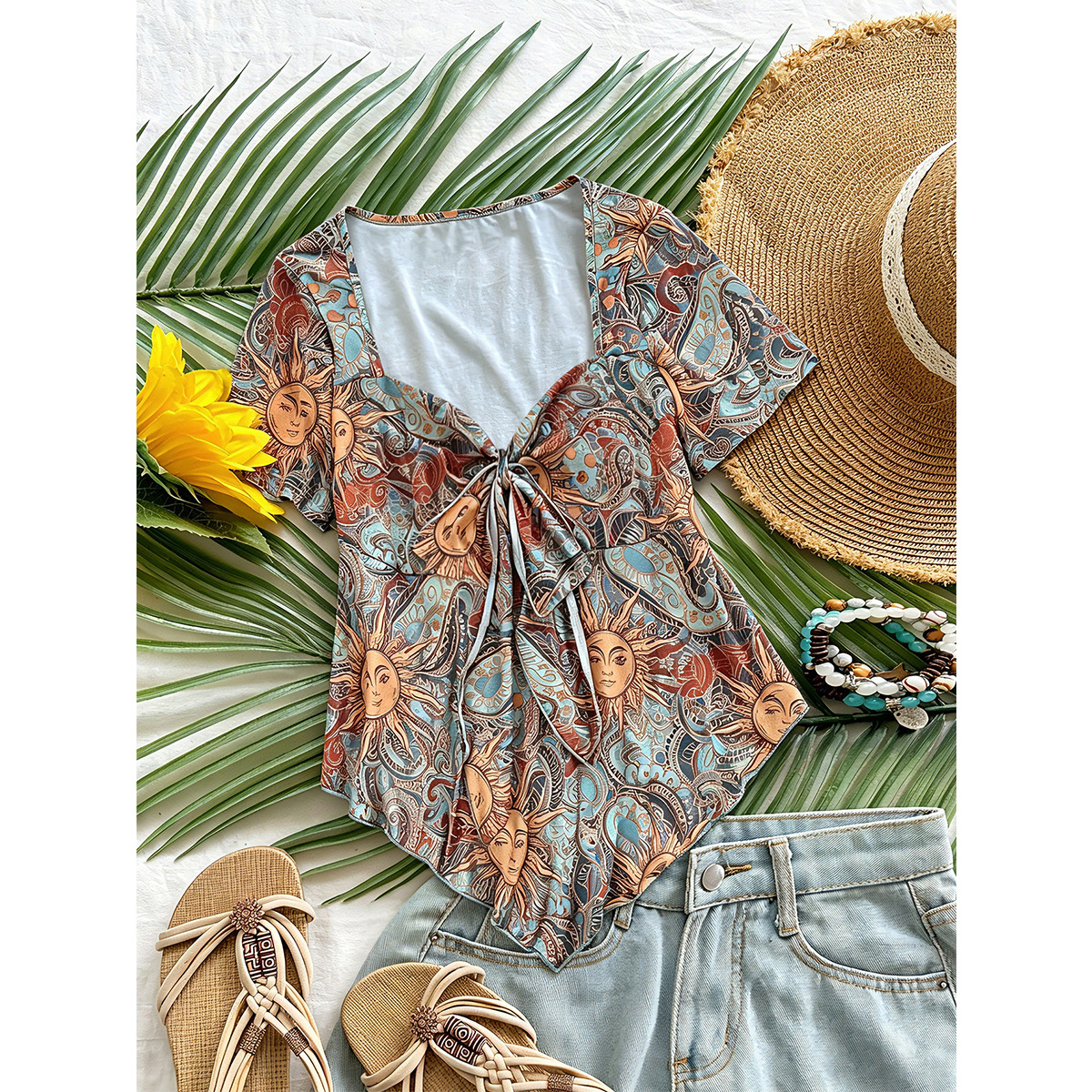 Plus Size Paisley Print Square Neck Tie-Front Short Sleeve Top