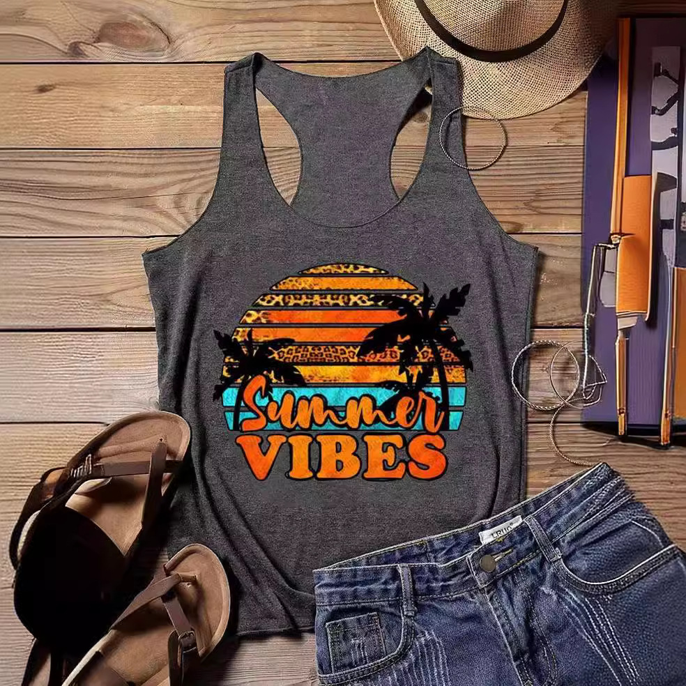 Dragonfly Print Round Neck Sleeveless Tank Top