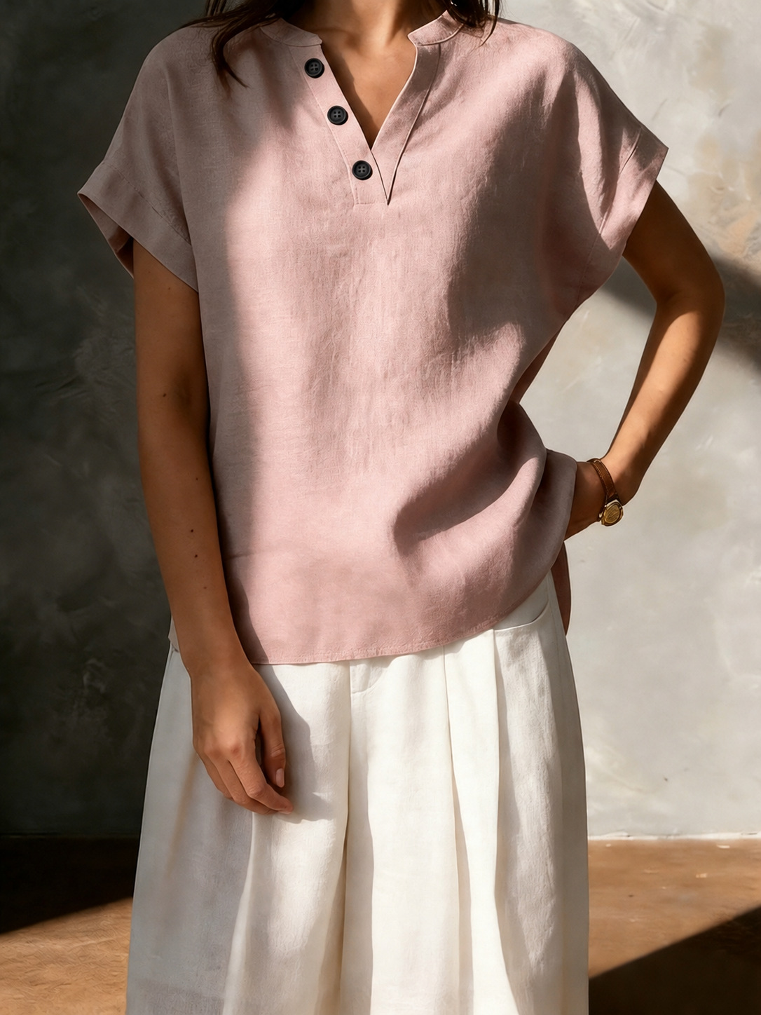 2026 New Cross-Border Women's Fashion Foreign Trade European and American Cotton-Linen High-End Feel Women's V-Neck Button Short-Sleeve Solid Color Shirt