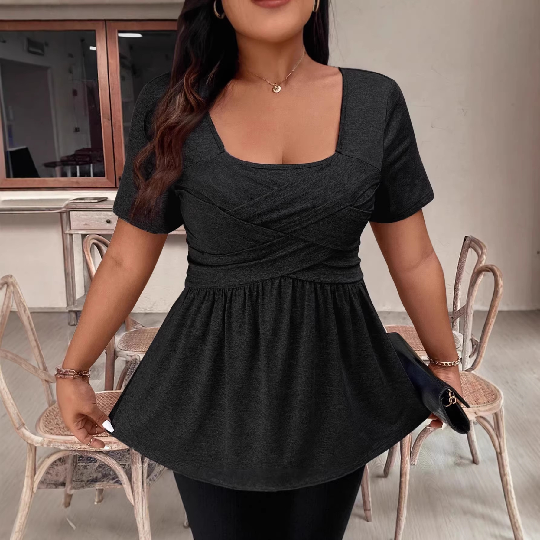 Women's Summer Short Sleeve Square Neck Cross Front Solid Casual T-Shirt
