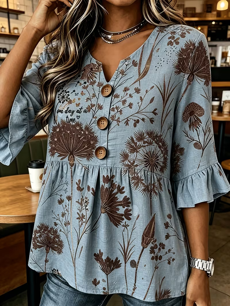 Women's Summer Floral Print Rolled Sleeve Button Top