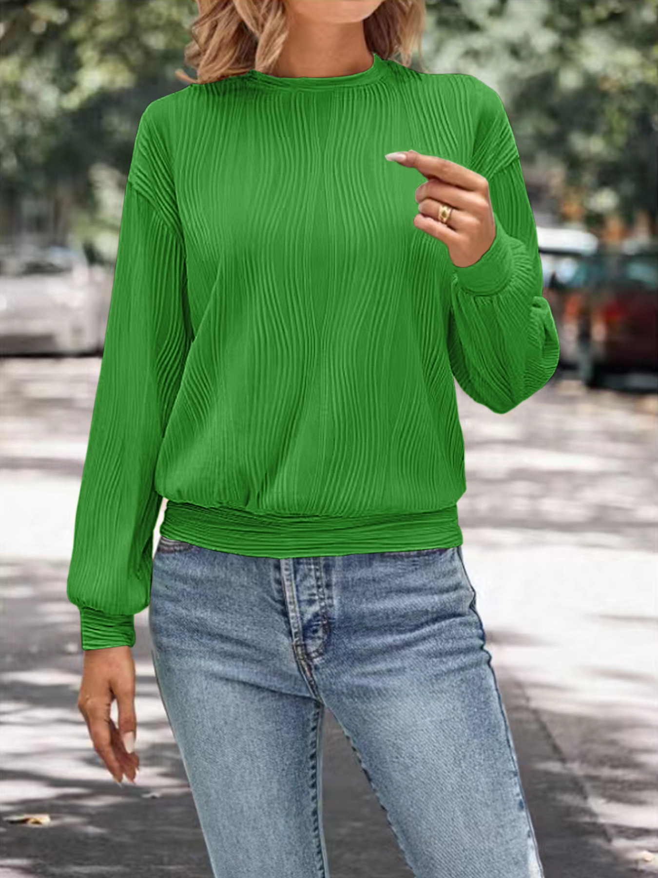 Women's Drop Shoulder Long Sleeve Textured Knit T-Shirt Crew Neck Solid Color Loose Casual