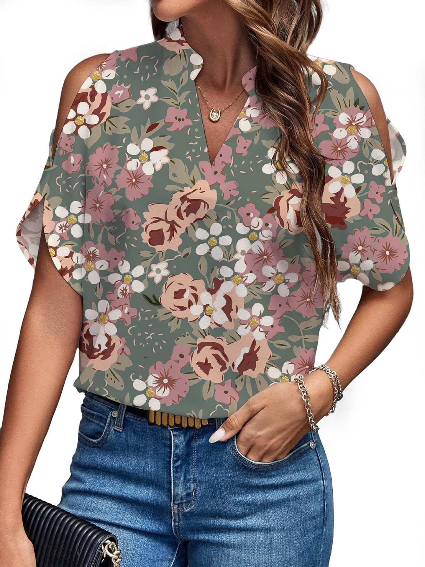 Women's Solid V-Neck Cold-Shoulder Short Sleeve Top