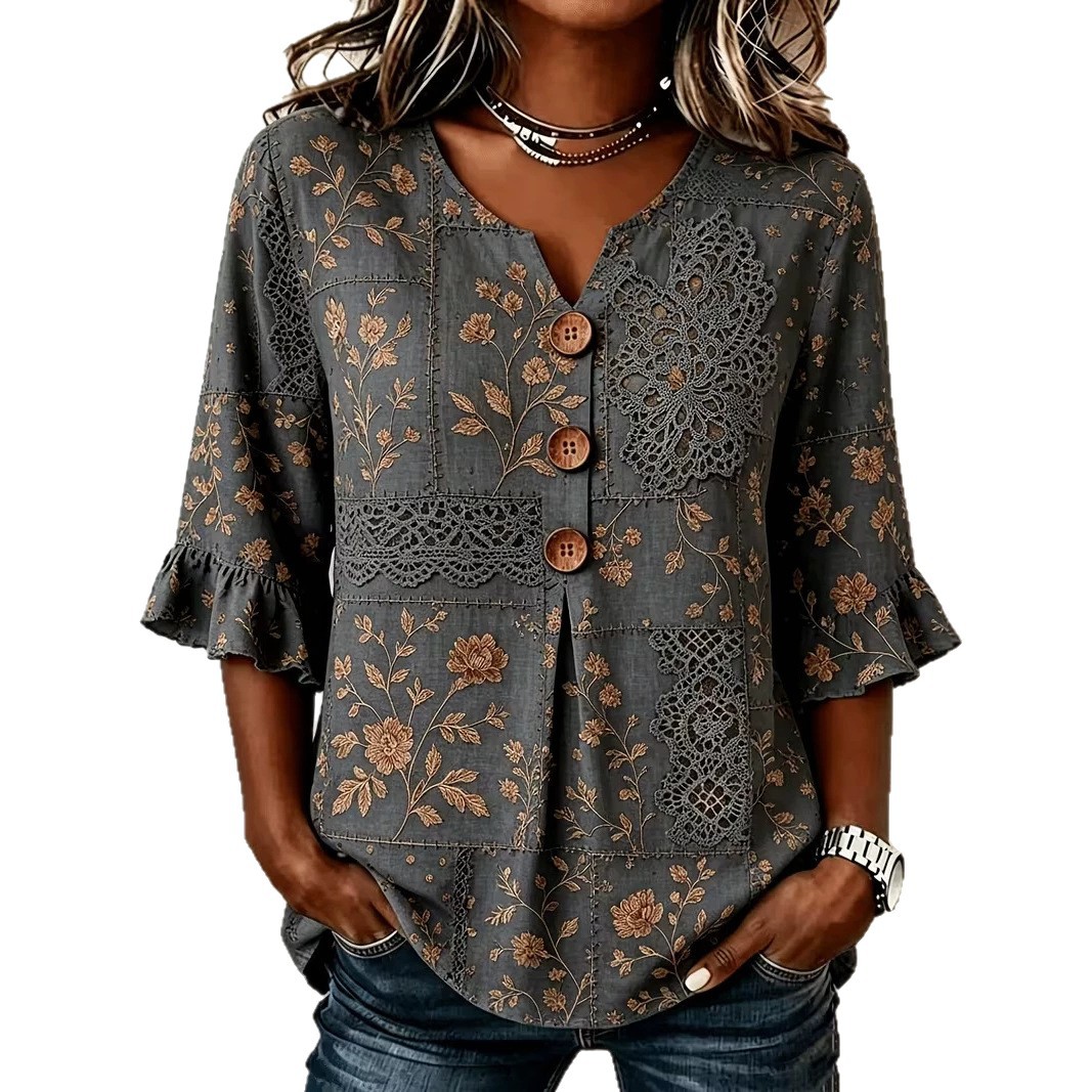 Retro Floral Print Short Sleeve Button-Up Top