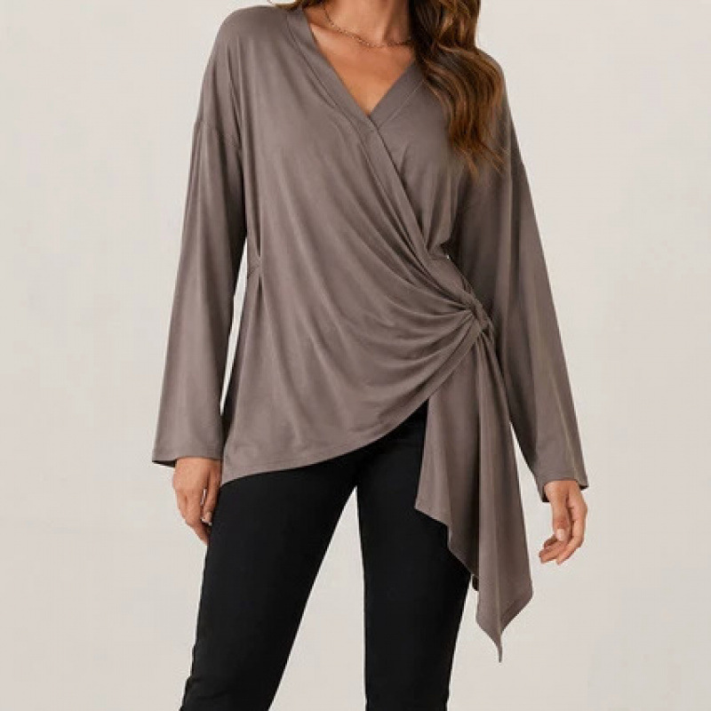 Women's Tie-Front Solid V-Neck Long Sleeve Casual Top