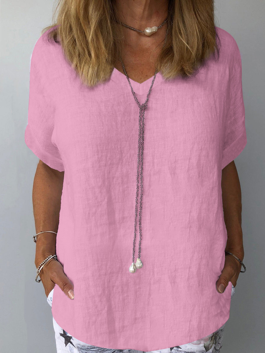 Women's Loose Fit Short Sleeve Printed Cotton Linen T-Shirt