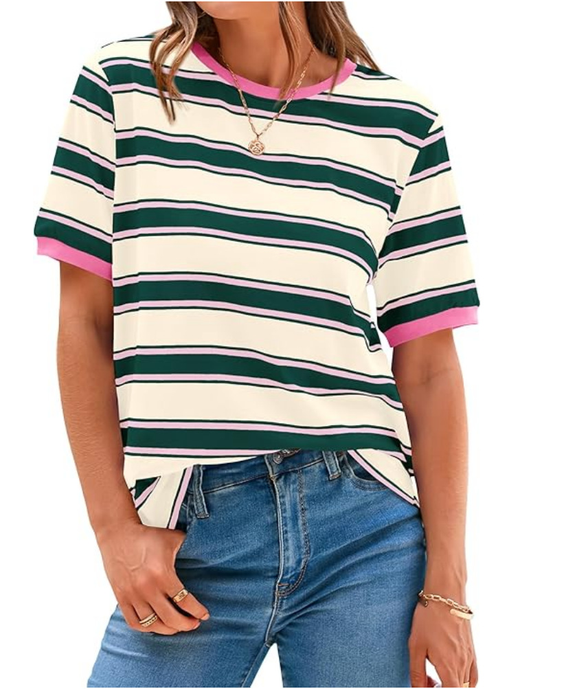 Color-Block Striped Crewneck Loose Casual T-Shirt
