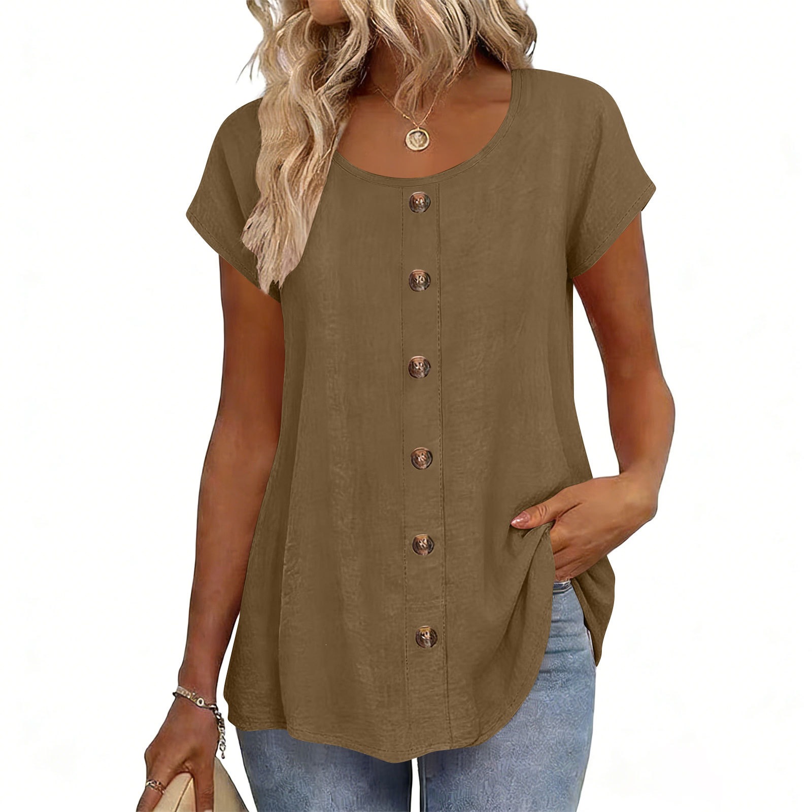 Elegant Button-Trim Solid Short-Sleeve Crewneck T-Shirt