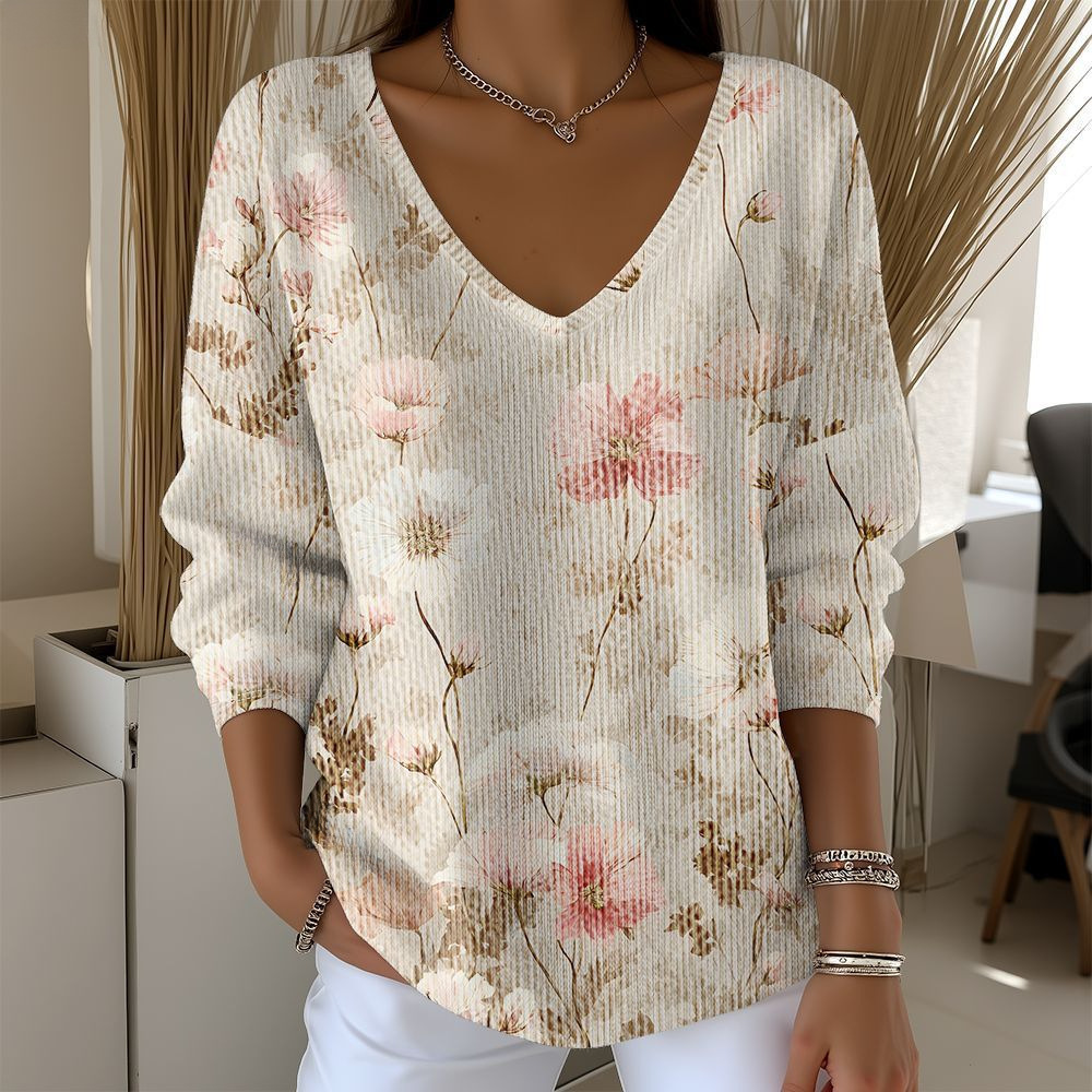 Women's V-Neck Long Sleeve T-Shirt with Animal & Plant Digital Print