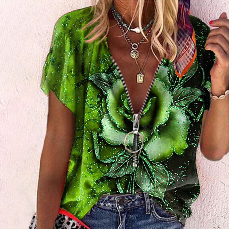 Women's Zip Short Sleeve Rose Print T-Shirt