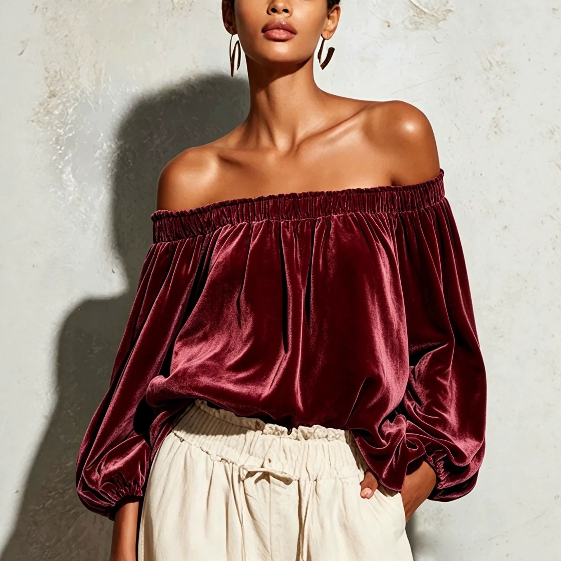 Velvet Off-Shoulder Top with Lantern Sleeves