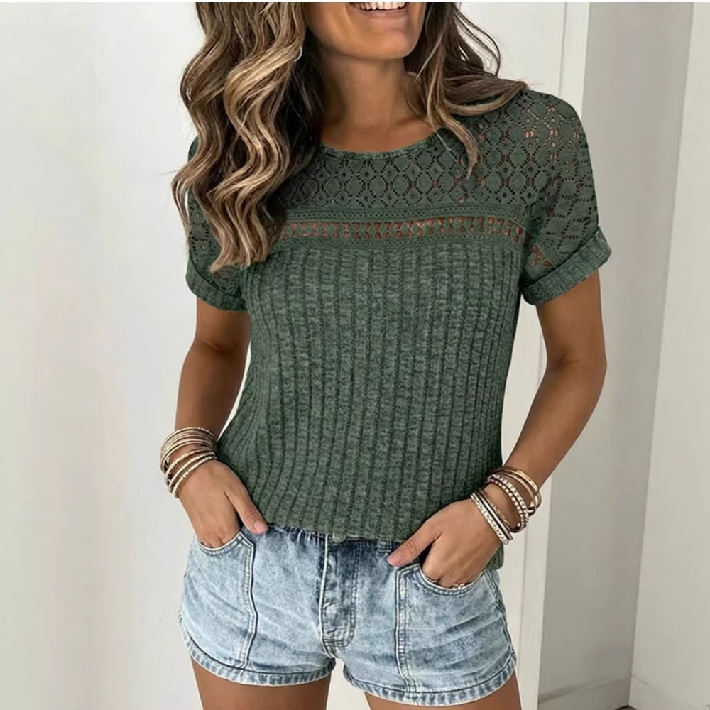 Women's Lace Hollow-Out Crew Neck Batwing Sleeve T-Shirt