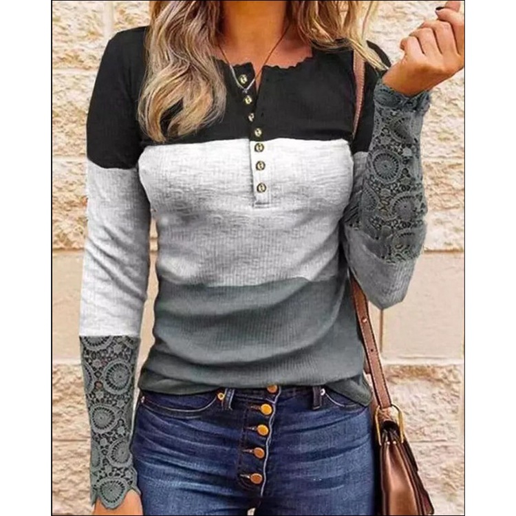 Women's Long Sleeve Slim Fit Colorblock Print Half-Placket Pullover T-Shirt