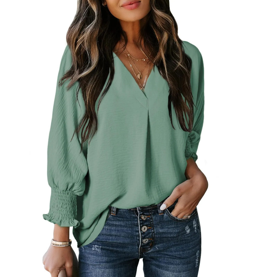Women's V-Neck Long Sleeve Loose Fit Blouse Top