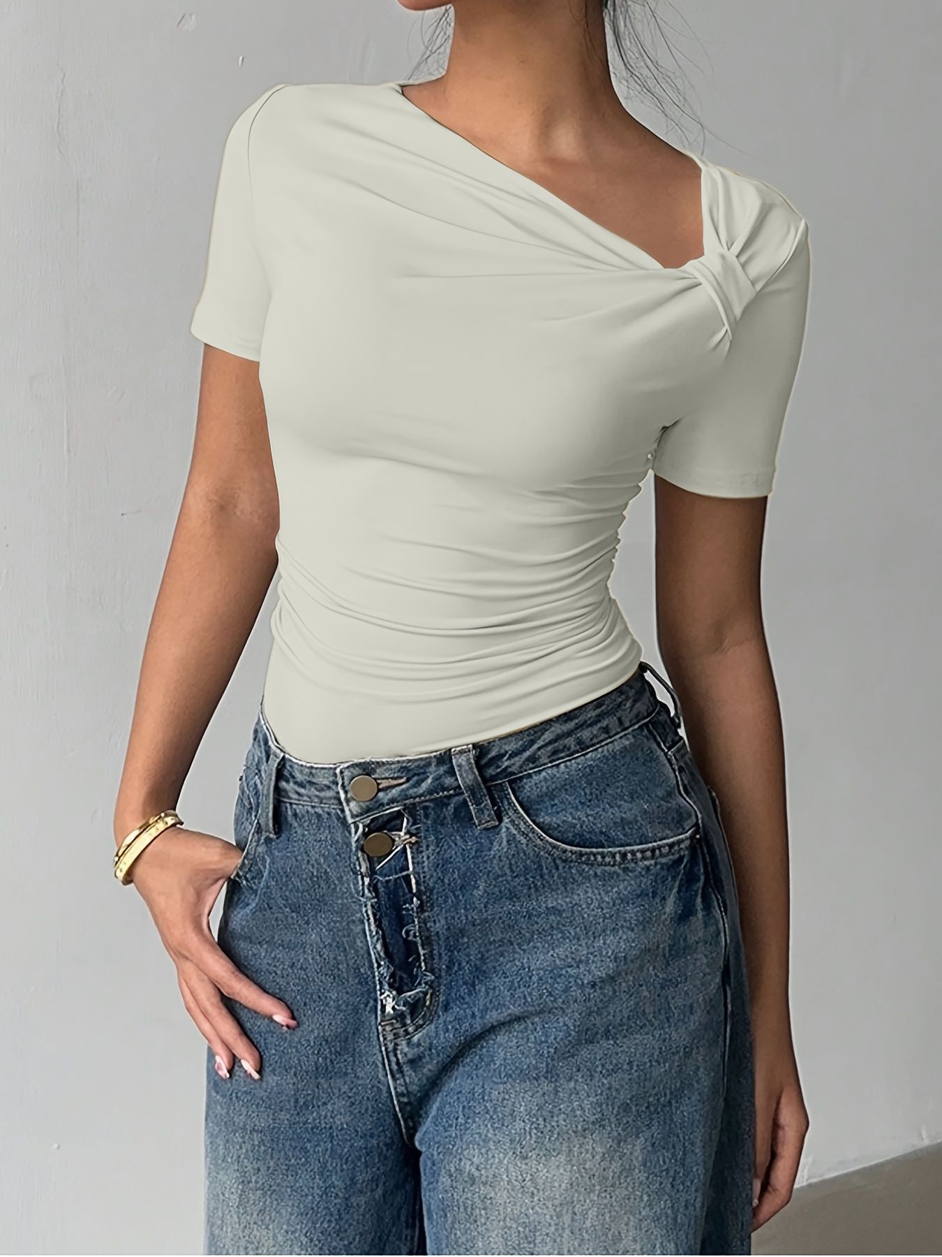 Women's Slim Fit Short Sleeve T-Shirt with Asymmetric Neck and Cutout Detail