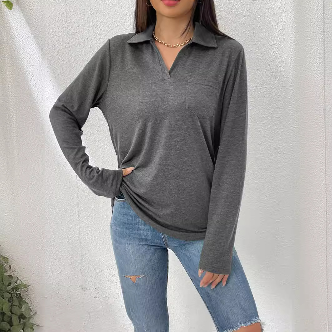 Women's Long Sleeve Solid Color Collared Loose Pocket T-Shirt