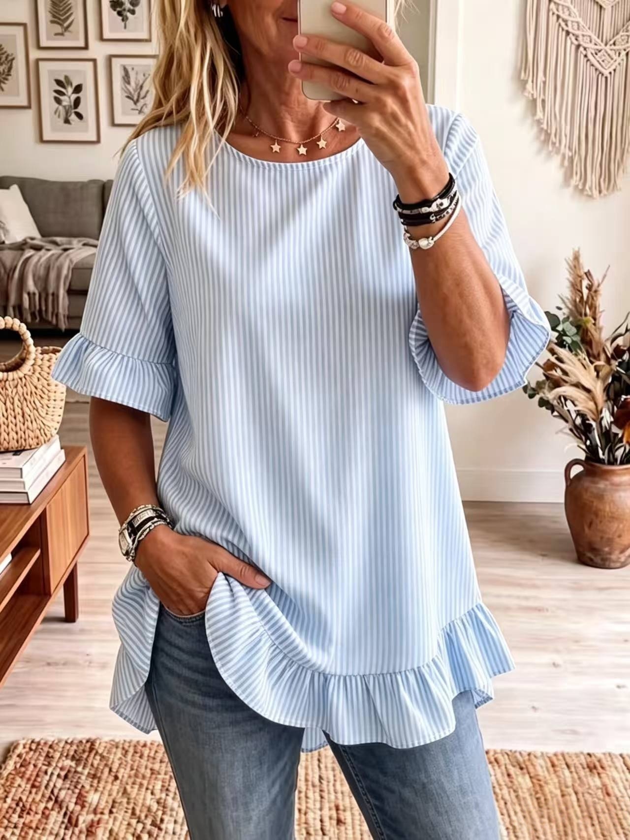 Women's Striped Ruffle Half-Sleeve Loose Casual Shirt