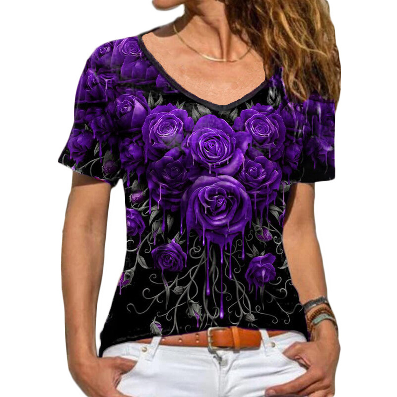 Women's Short Sleeve Rose Print T-Shirt Casual Round Neck Top