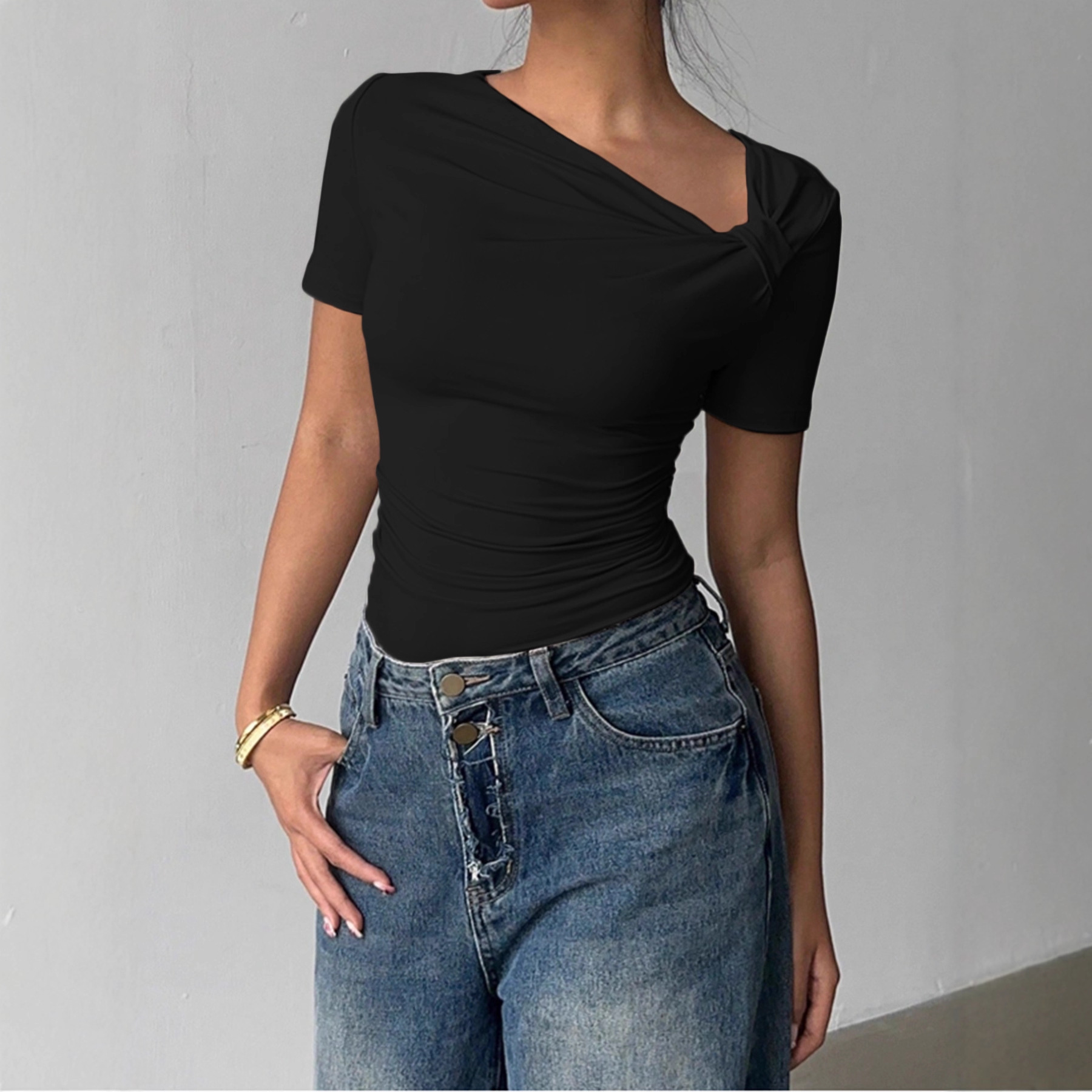 Women's Slim Fit Short Sleeve T-Shirt with Asymmetric Neck and Cutout Detail