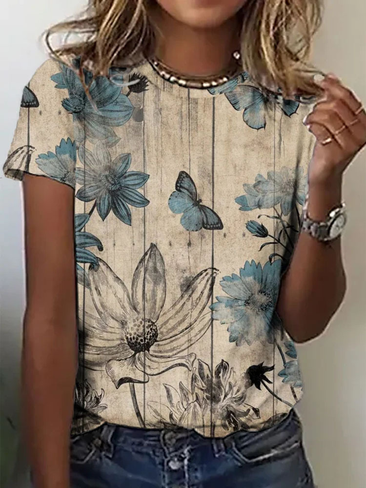 Women's Casual Crewneck Short Sleeve Digital Print T-Shirt