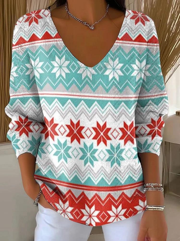 Halloween Plant & Tree Print V-Neck Long-Sleeve T-Shirt for Women