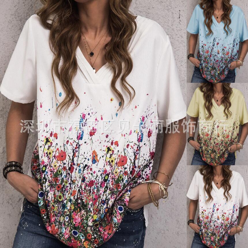 Women's V-Neck Printed Loose Short Sleeve T-Shirt
