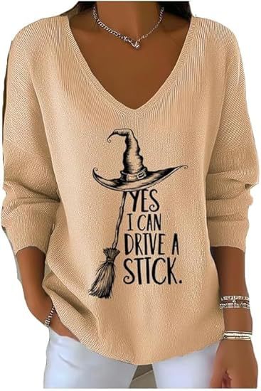 Halloween Witch Hat Broom Letter Print V-Neck Long-Sleeve T-Shirt