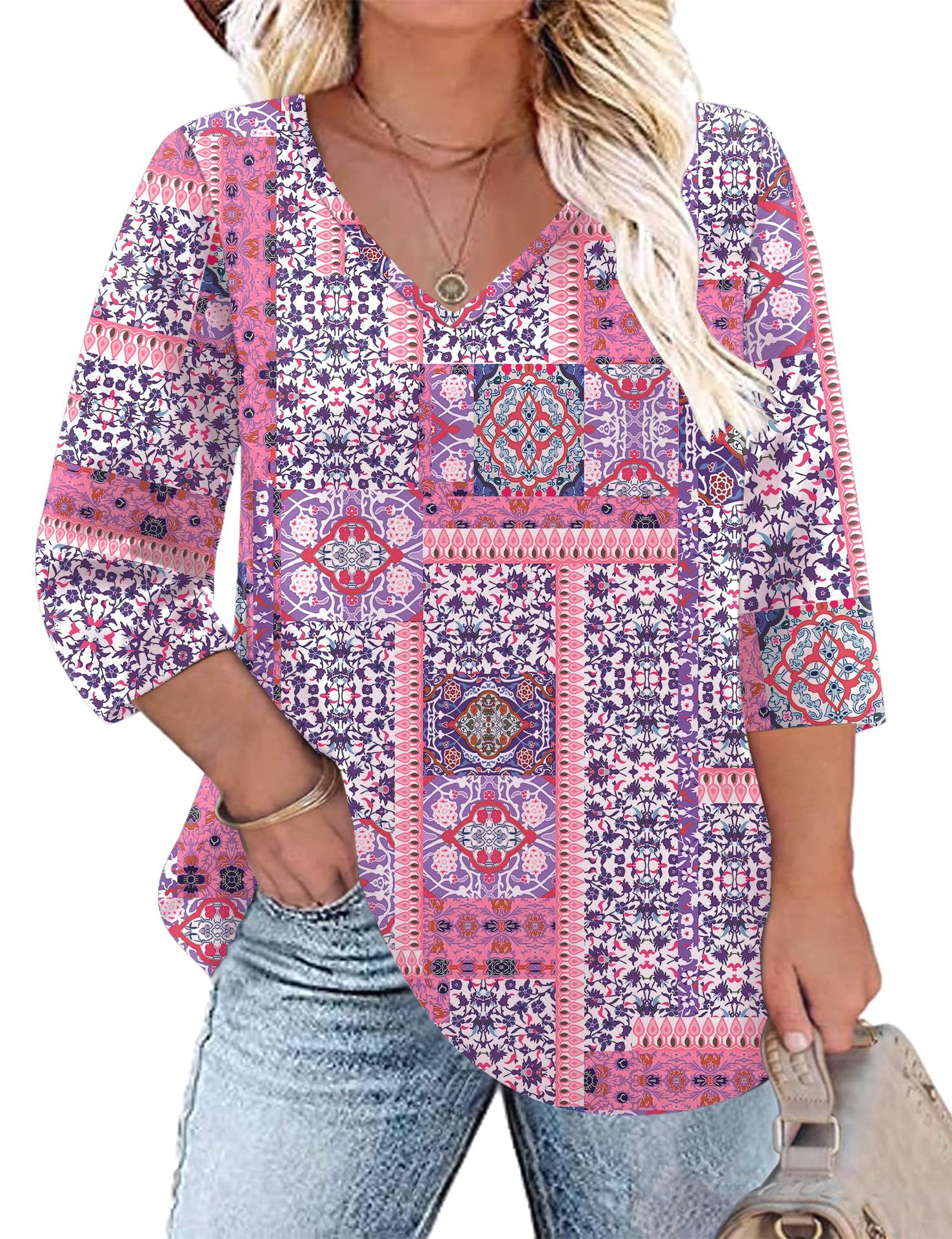Women's Floral Print V-Neck Loose Long Sleeve T-Shirt