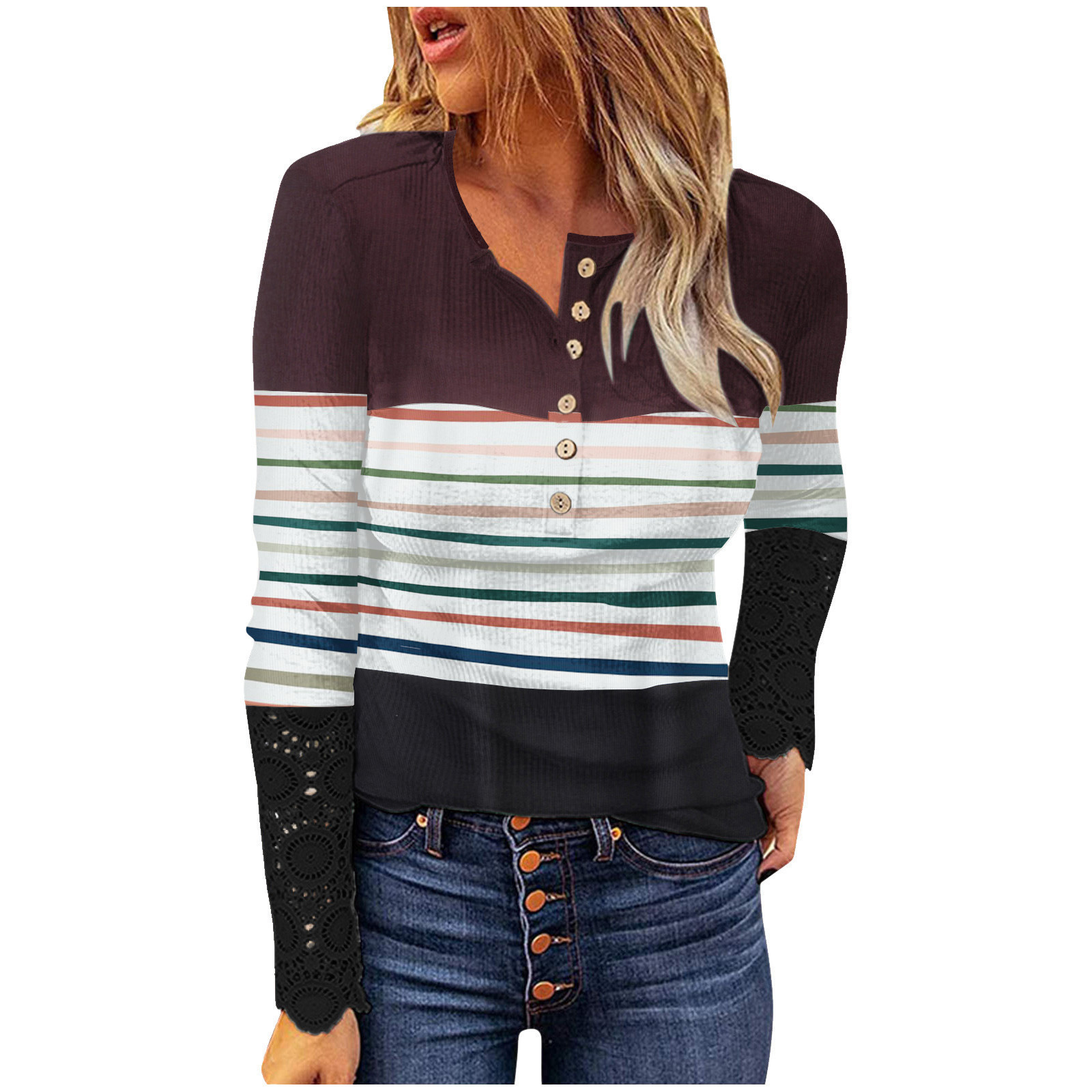 Lace Spliced Long Sleeve Ribbed Slim Fit Button Print Women's T-Shirt