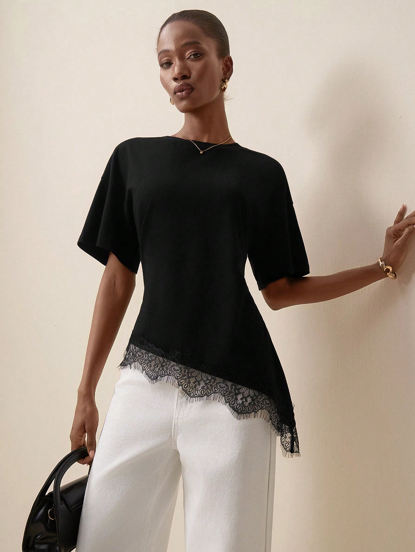 Women's Summer Round Neck Hollow Lace Trim Short Sleeve Solid Color Asymmetrical Hem T-Shirt