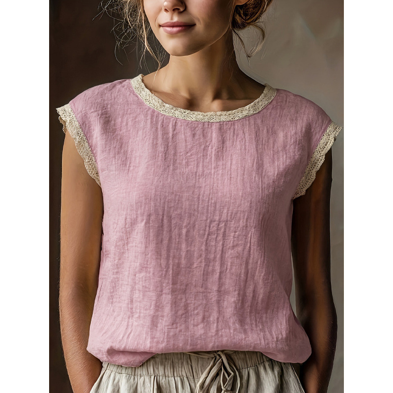 Women's Loose Linen-Blend Round Neck Lace-Trim Sleeveless Shirt