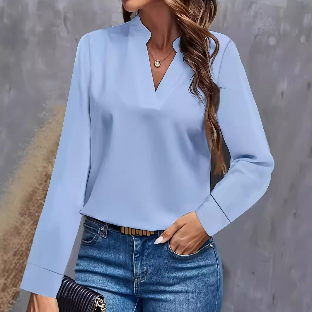 Women's Solid V-Neck Loose Casual Shirt Top