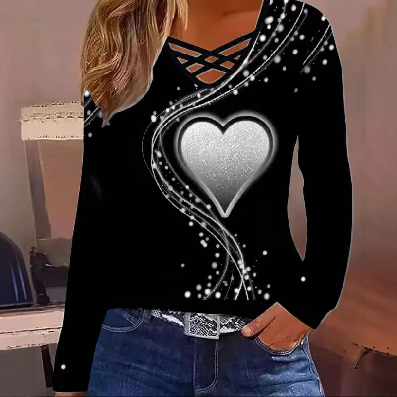 Women's Heart Print Long Sleeve V-Neck T-Shirt