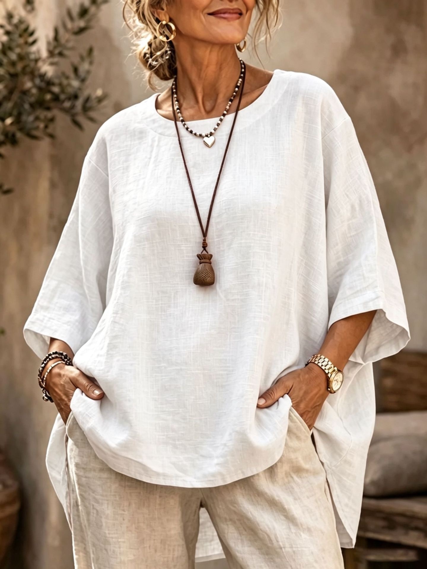 Women's Loose Round Neck Solid Cotton Linen 3/4 Sleeve Top