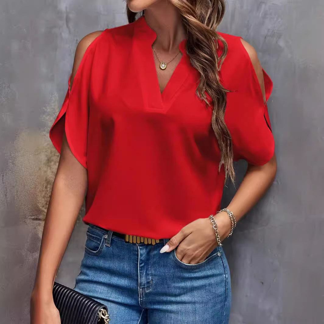 Women's Solid V-Neck Cold-Shoulder Short Sleeve Top