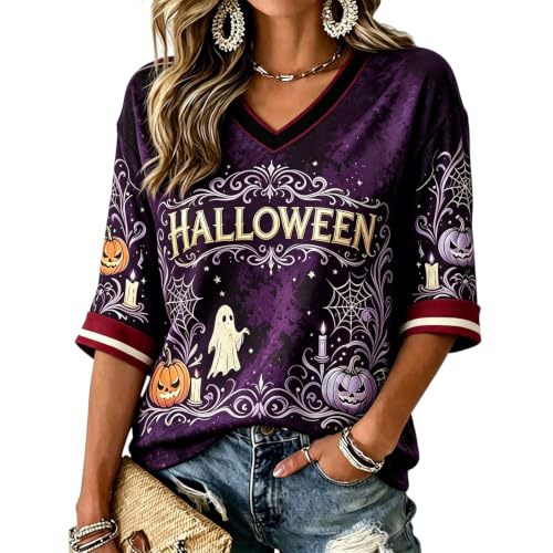 Halloween Pumpkin Shadow Print V-Neck Mid-Sleeve Women's T-Shirt