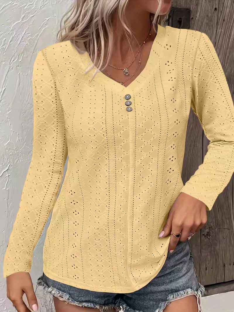 Women's Solid V-Neck Button-Detail Long-Sleeve T-Shirt