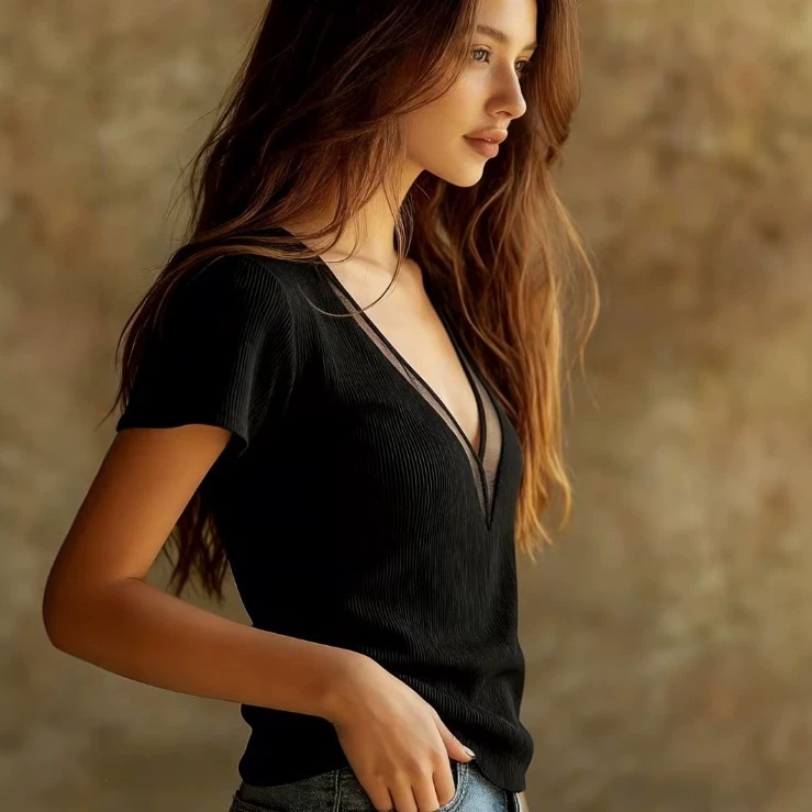 Women's Sheer Mesh V-Neck Slim Short Sleeve Knit Top