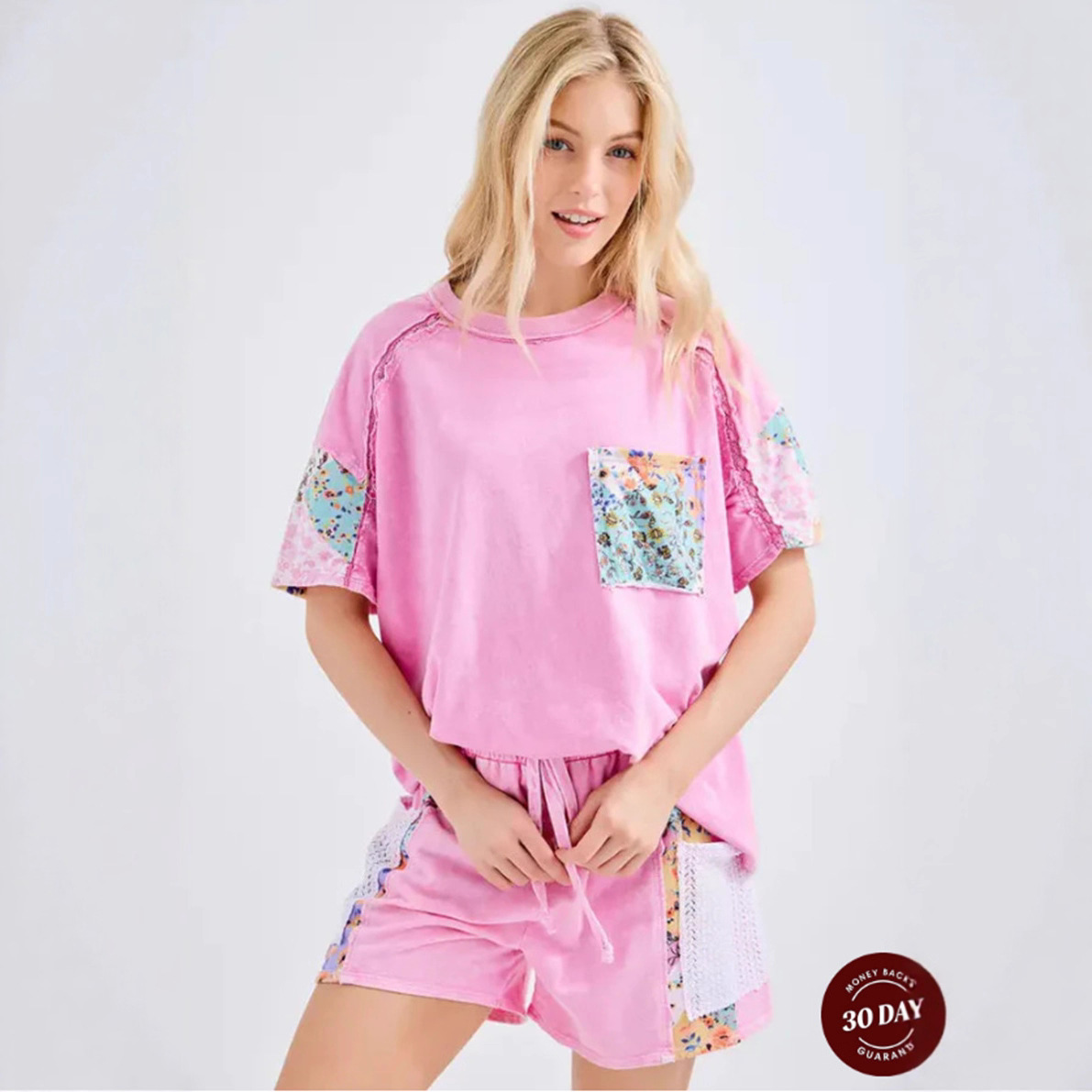 Women's Casual Floral Patchwork Short Sleeve Crew Neck T-Shirt