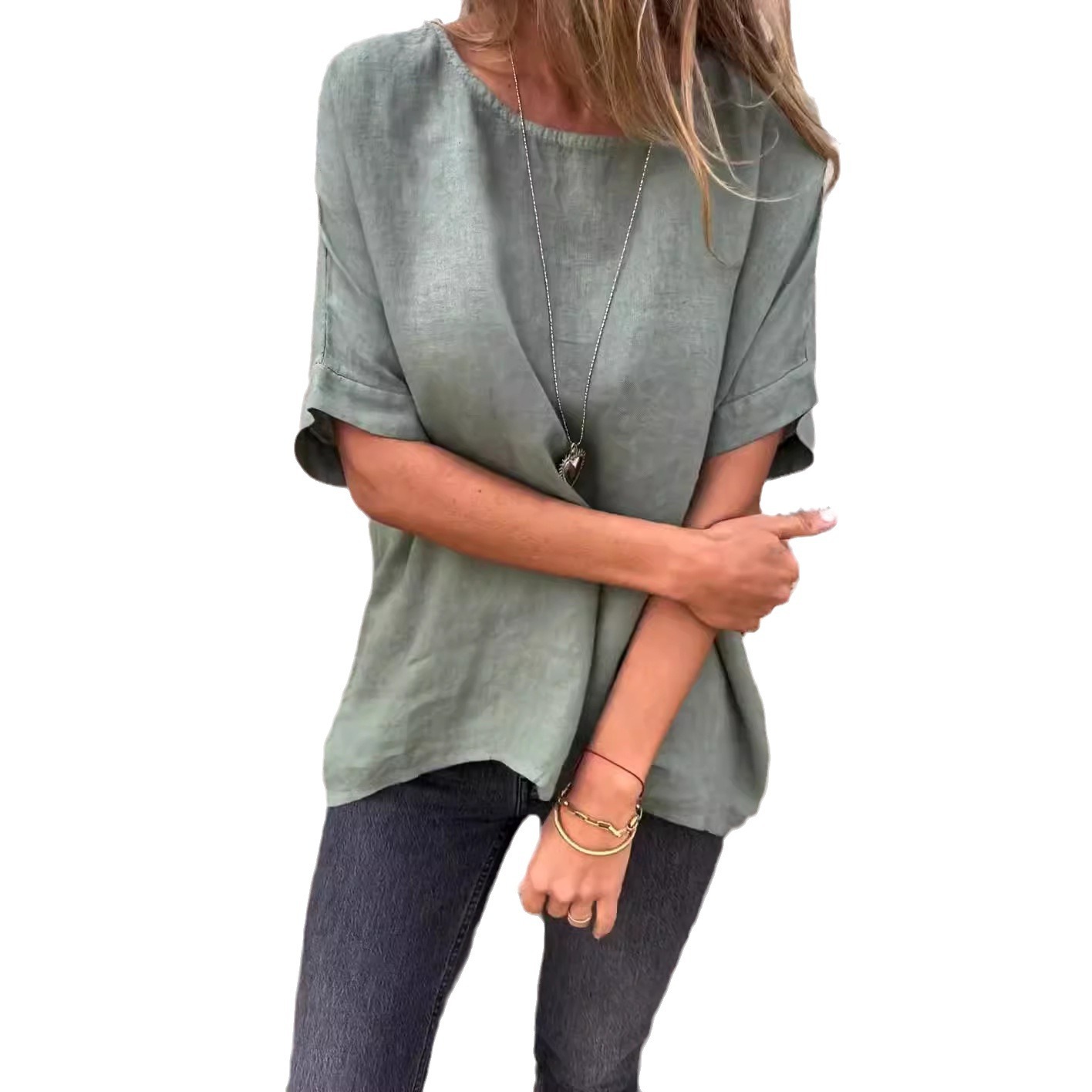 Women's Cotton Linen Crewneck Midi T-Shirt Loose Fit Ruffle