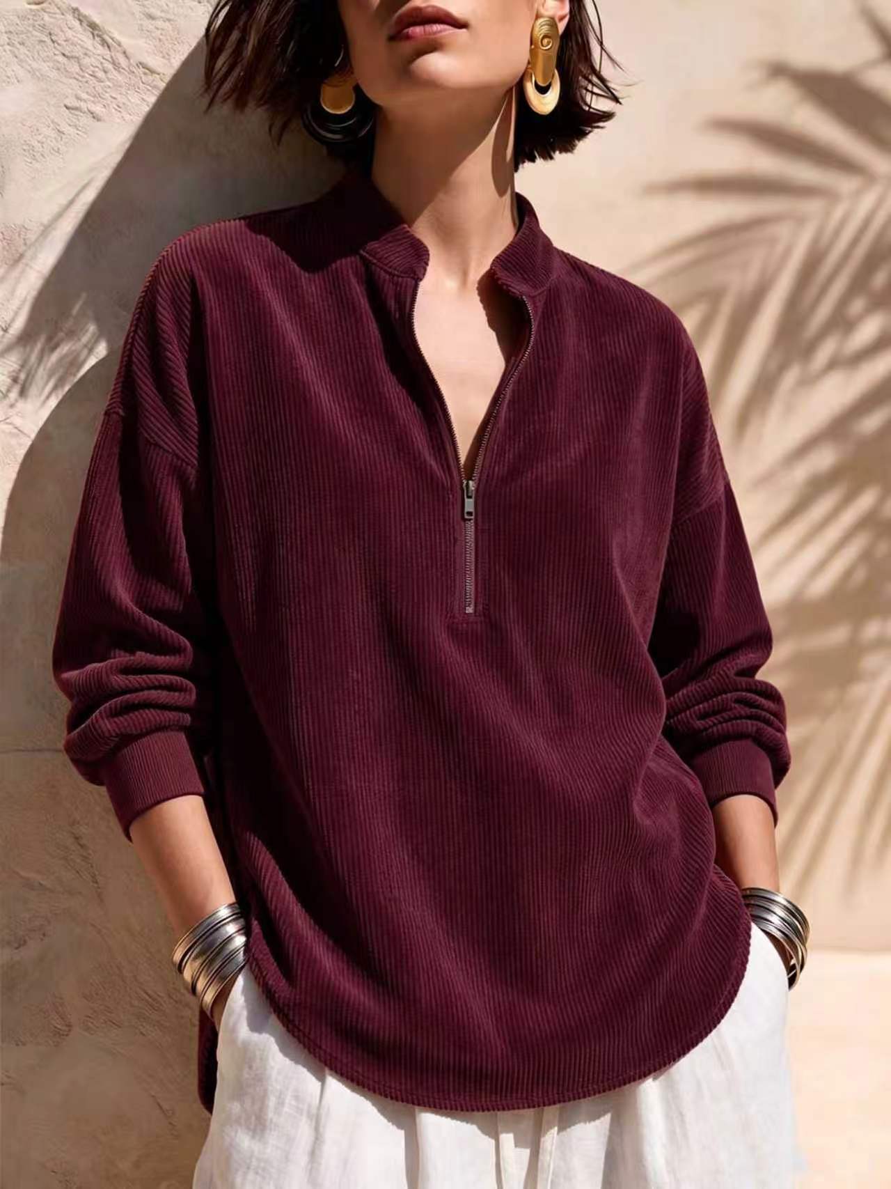 Women's Corduroy Zip-Up Stand Collar Long Sleeve Loose Casual Top