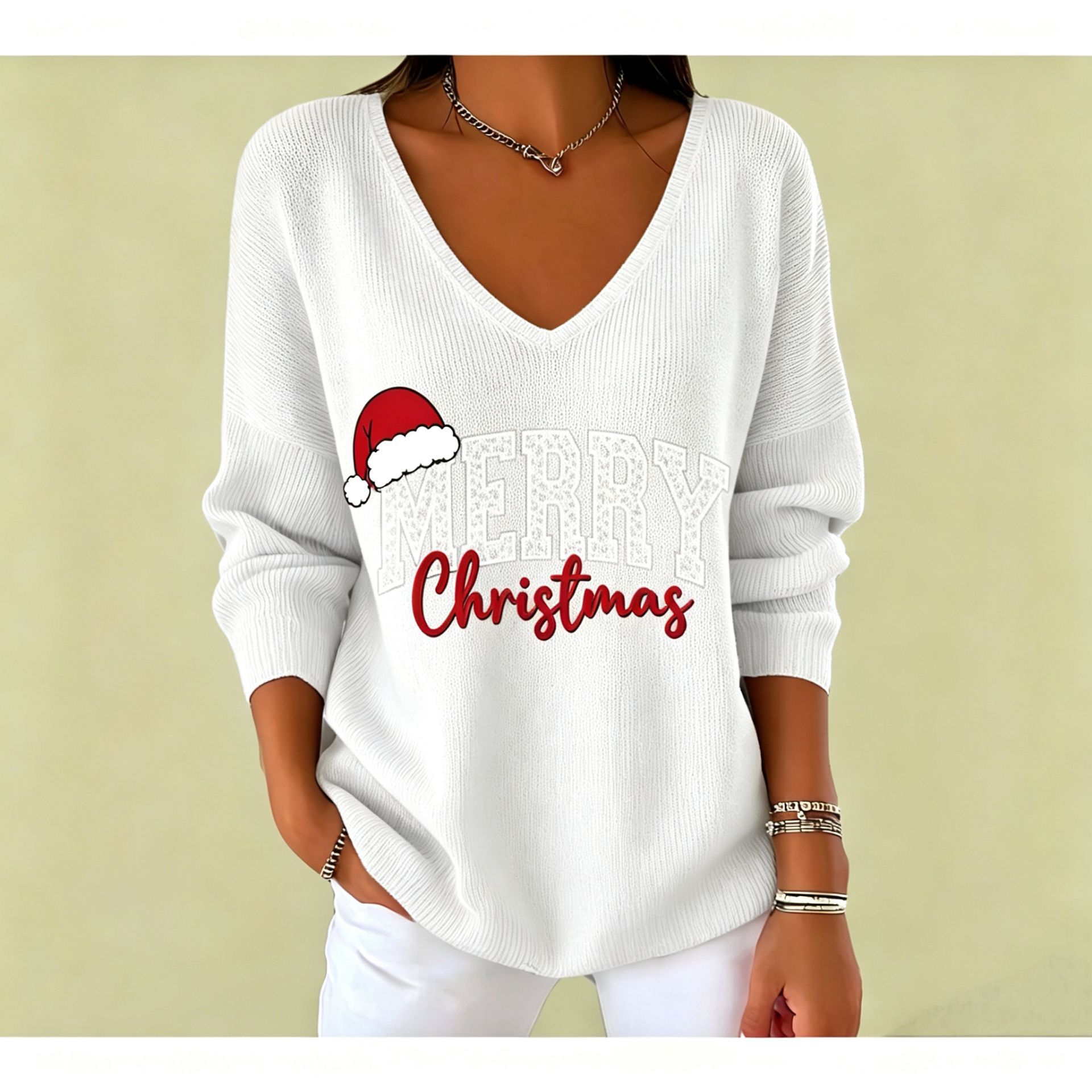 Christmas Letter Print V-Neck Long Sleeve Women's T-Shirt