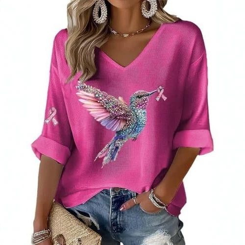 Women's Bird Sparrow Ribbon Print V-Neck Half-Sleeve T-Shirt