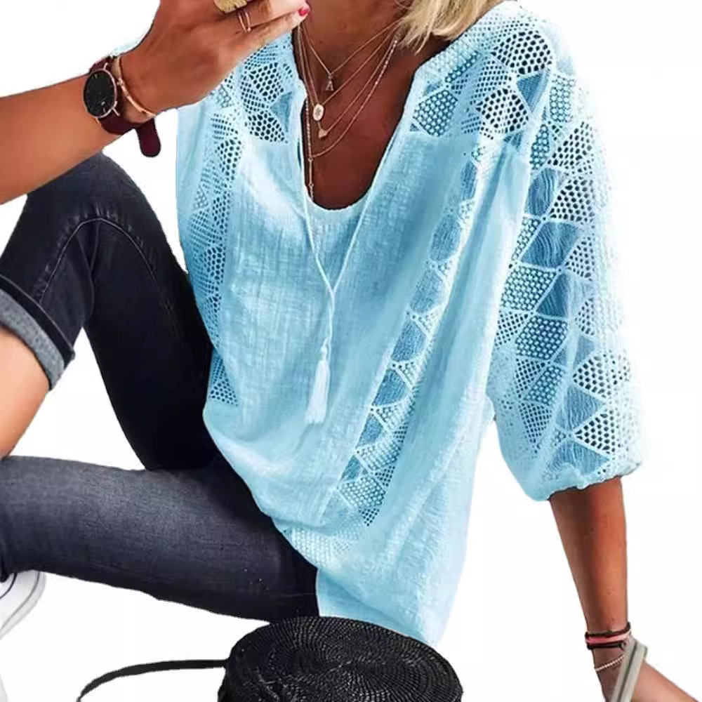 Women's Lace Hollow-Out Spliced U-Neck 3/4 Sleeve T-Shirt