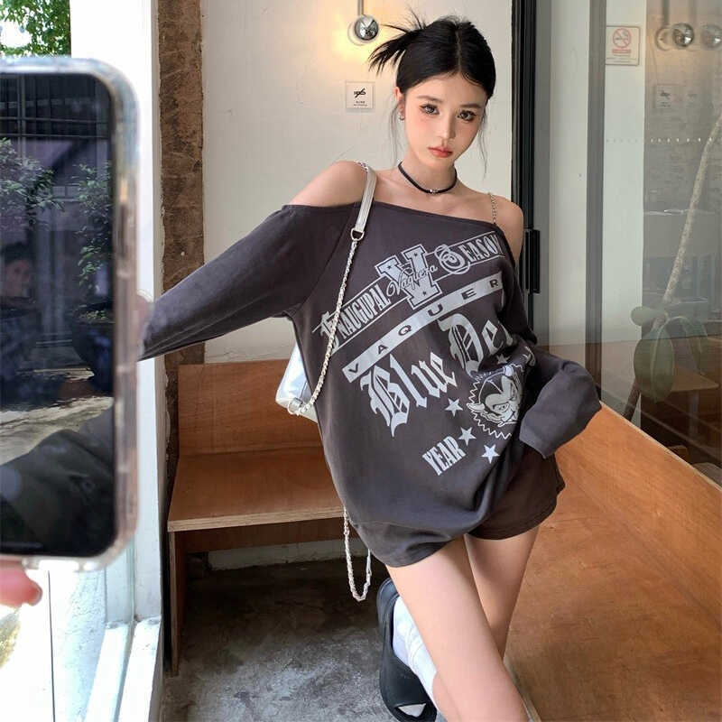 Women's Off-Shoulder Long-Sleeve Cropped T-Shirt Loose Fit